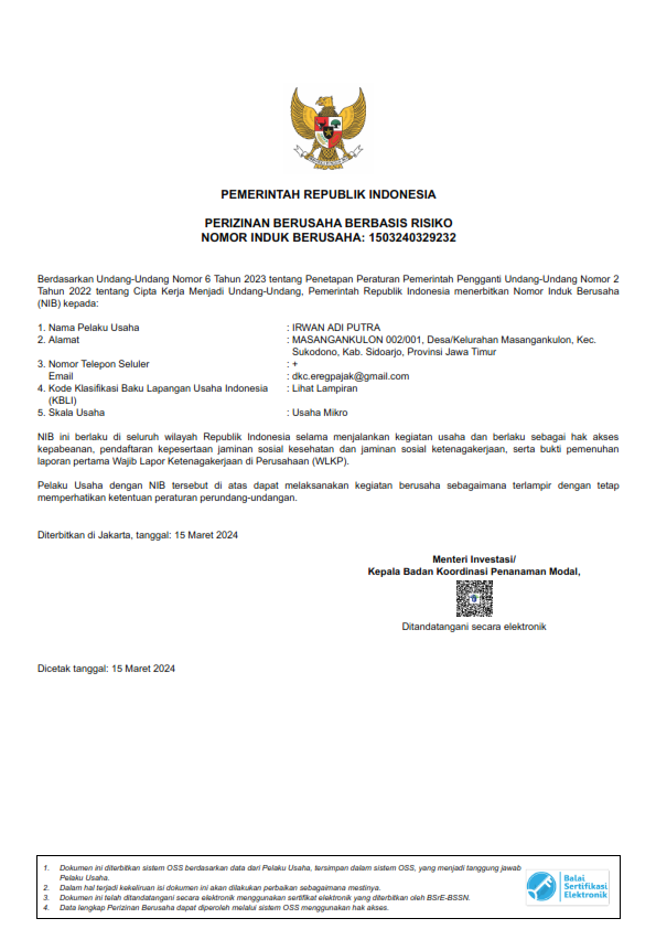 SAH Delta Kijang Community memunyai NIB (Nomor Induk Berusaha)